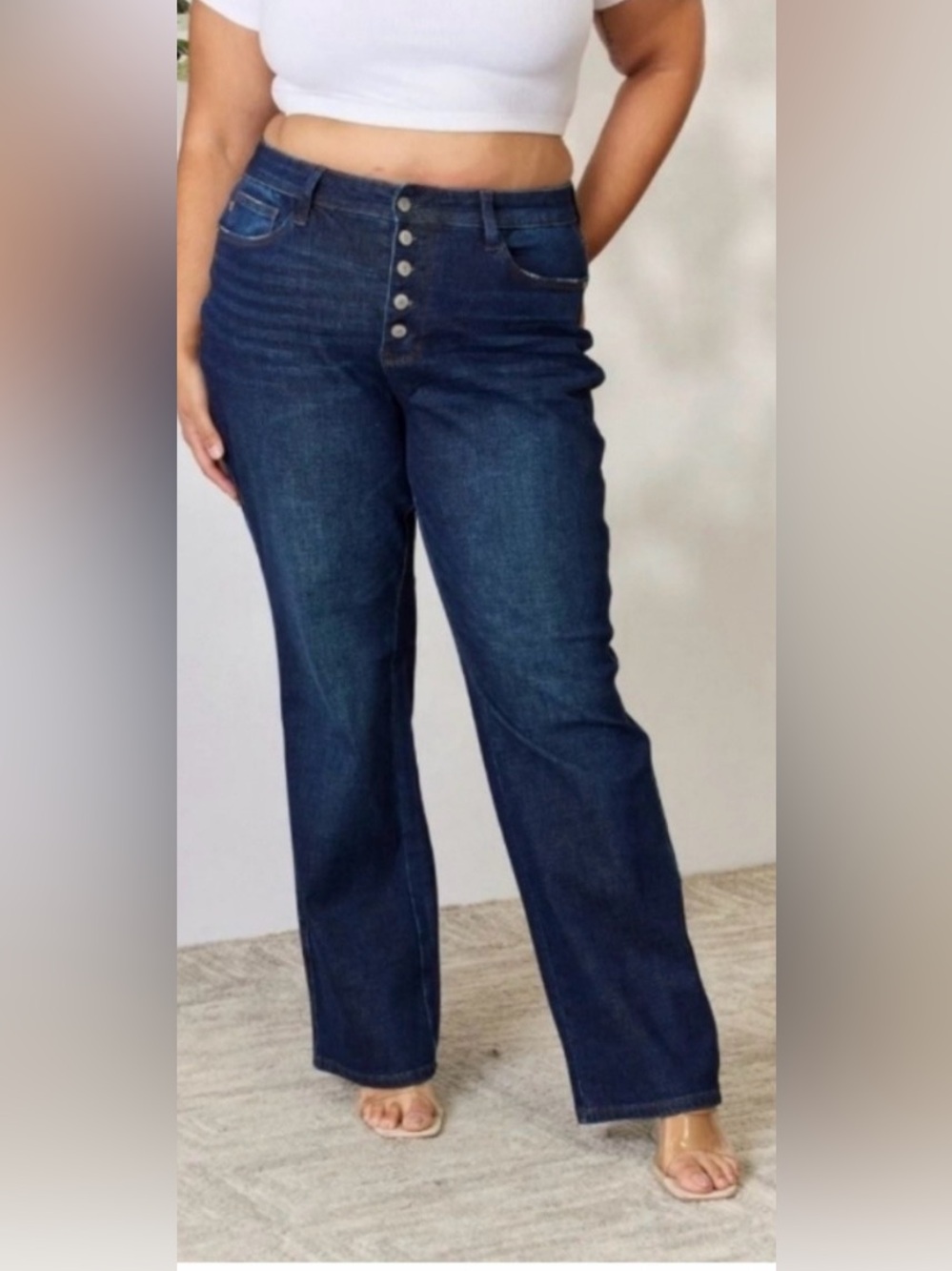 JUDY BLUE Straight Fit Jeans Exposed Button Fly High Rise Dark Wash 20W JB88598